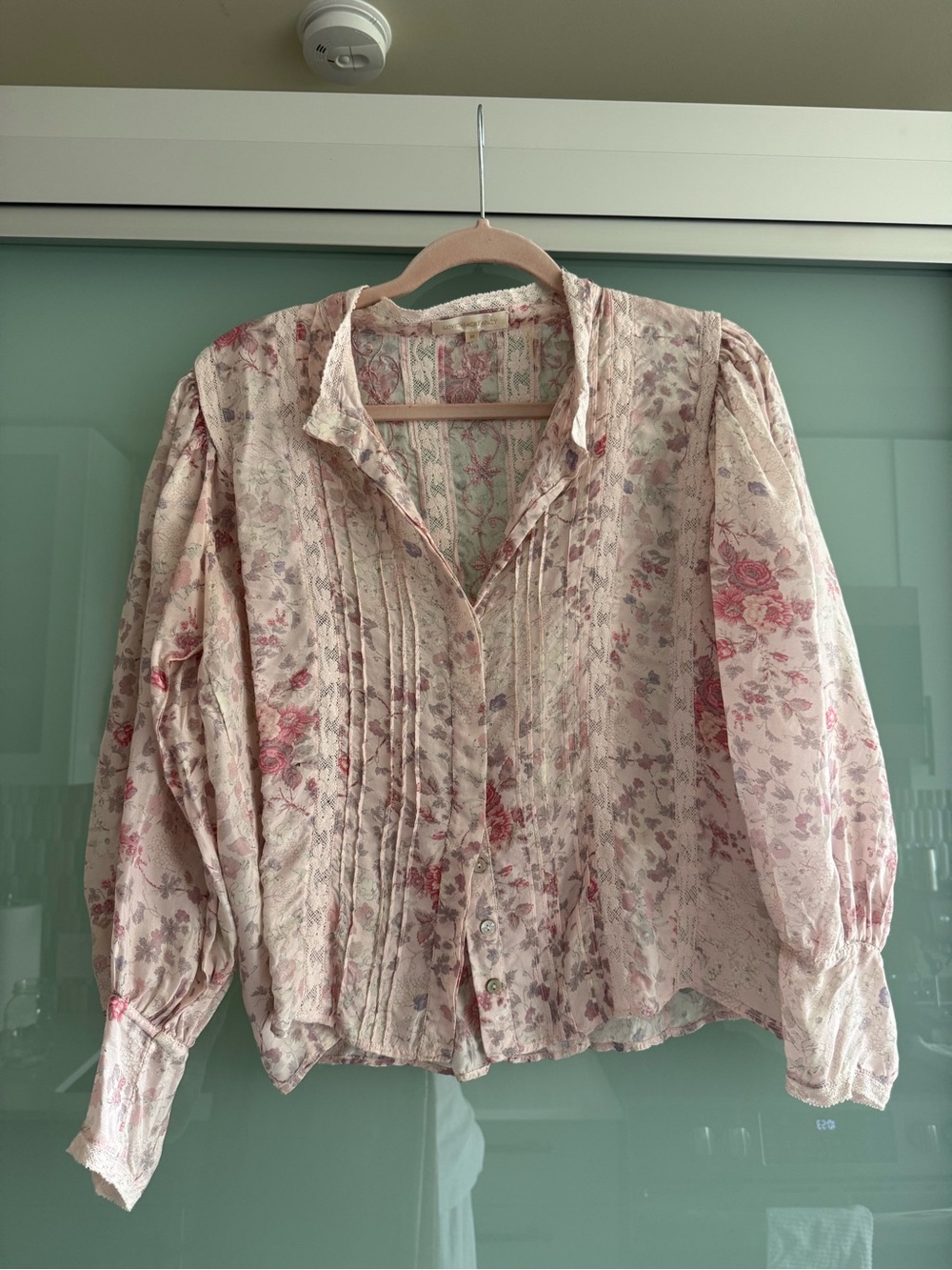 LoveShackFancy 100% Silk Cream Floral Pintuck Button-Front Blouse